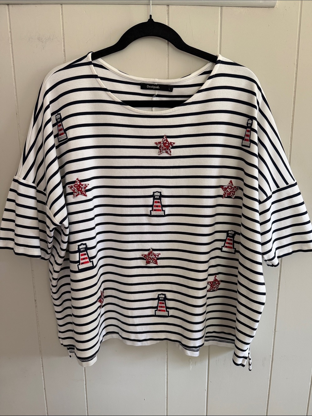 Desigual White/Navy Striped Top Oversized Boxy Coastal Fisherman Large Nautical